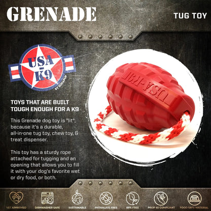 USA-K9 Grenade Shaped Rubber Dog Toy - Chew, Treat Dispenser & Tug Toy